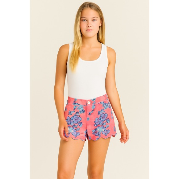 Crown And Ivy Pants - Crown & Ivy Women's Shelby Shorts 12 Pink Floral Scallop Hem